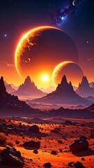 Fiery alien landscape with twin suns