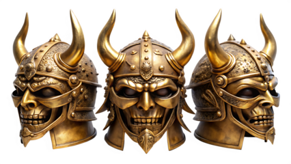 Three Golden Viking Skull Helmets on White Background graphic design isolated on a transparent background