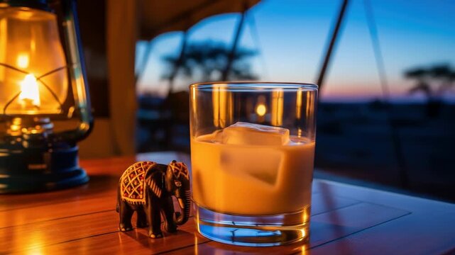 A glass of South African cream liqueur on the rocks. The drink is on a wooden table at a safari camp, with an elephant figurine and lantern