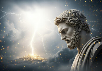 Mythological God Zeus with lightning storm over the epic city of Olympus, powerful statue of a divine deity king watching his celestial kingdom, Greek god of thunder Zeus and Olympus.