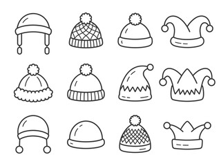 Collection of twelve winter hats and jester hats in a simple line drawing silhouette isolated on white background