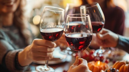 Autumn gathering celebration with group of friends enjoying outdoor meal, raising red and white wine glasses in cheerful toast, festive fall social event with table full of food