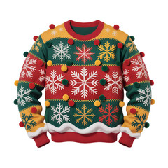 Colorful ugly Christmas sweater with snowflakes and pom poms