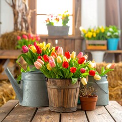Spring flowers in rustic setting