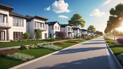 A residential street lined with modern houses on a sunny day with blue skies and white puffy clouds