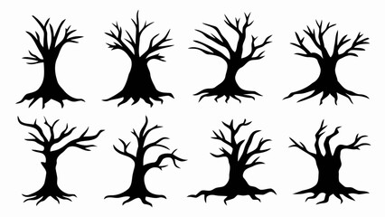 Collection of spooky bare tree silhouettes isolated on white background