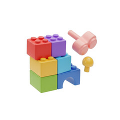 Obraz premium Vibrant plastic building blocks, a pink toy hammer, and a yellow mushroom piece arranged for children's imaginative play and early educational development.