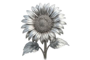 Metallic sunflower with silver petals and leaves blooming on a transparent background, perfect for nature-inspired designs