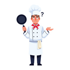 Confused Chef: A chef, dressed in his professional attire, stands with a perplexed expression and question mark, unsure of what to do in the kitchen.