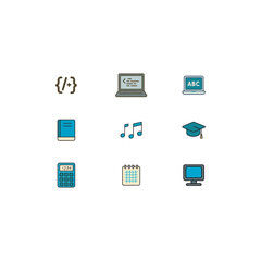 Back to School Icon Set – 9 Flat Vector Icons of Computer, Books, and Graduation Cap for Education and Academic Success