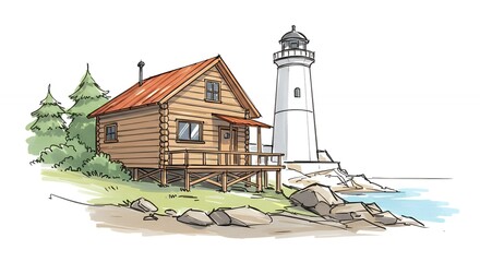 Coastal cabin and lighthouse illustration