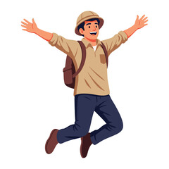 Adventurer's Exuberance: A joyful adventurer leaps with open arms, embodying the spirit of discovery and excitement, adorned in travel attire ready to explore.
