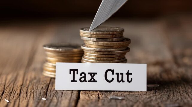 Stack of Coins with Scissors and Tax Cut Card on Wooden Table Surface for Financial Concept