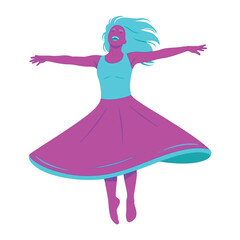 Joyful Spirals: A woman twirls in a dance of pure joy, her arms outstretched, vibrant colors swirling around her in a lively illustration of happiness. 