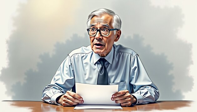 Elderly finance expert speaking while seated at a table indoors - Powered by Adobe