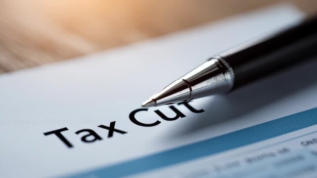 Close-up View of a Pen and Tax Cut Document on a Wooden Table Surface for Financial Concept