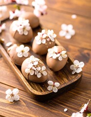 Delicate chocolate eggs adorned with spring blossoms