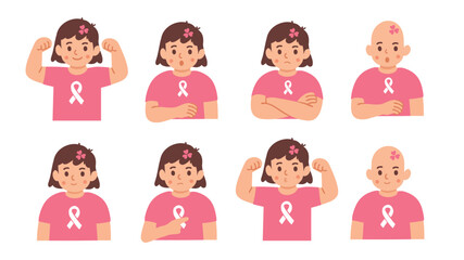 Girls showing emotions with pink ribbon cancer awareness icons