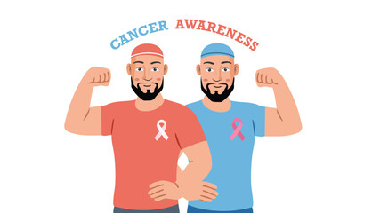 Two male survivors flexing arms cancer awareness illustration