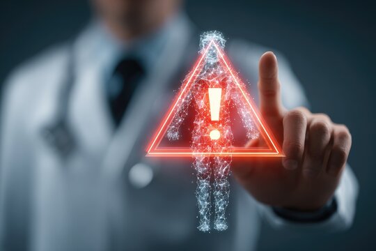 Doctor interacts with a digital warning sign representing a patient's health risk