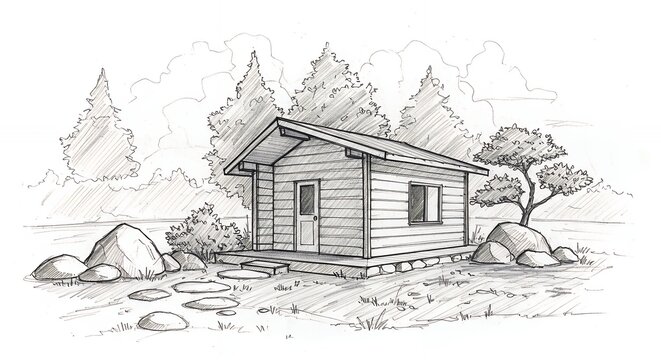 Pencil sketch of a small wooden cabin in a forest - Powered by Adobe
