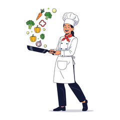 Culinary Artist at Work: A skilled chef gracefully tosses fresh vegetables in a pan, embodying the art of cooking and the joy of preparing healthy food.