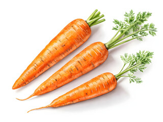 Three fresh orange carrots with green tops displayed on a white background