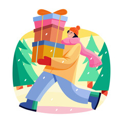 A flat style illustration showing a person holding gift boxes