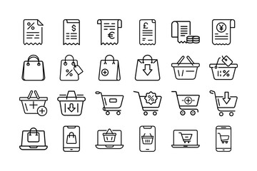 Shopping Icon Set. Shopping Cart, Basket, Receipt, Discount, Price Tags, Online Shopping, Mobile Shopping, Laptop Shopping, and More. Editable Stroke. Vector Illustration.