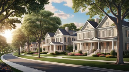 A suburban street lined with large trees and beautiful houses on a sunny day with blue sky and clouds