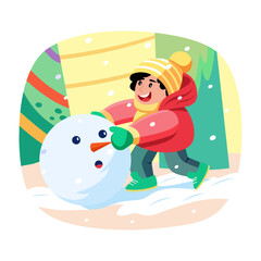 Flat illustration showing a kid playing with snow