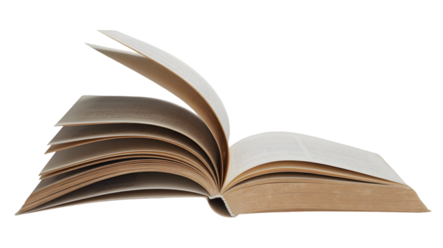 Open book with blank pages isolated on transparent background in a horizontal side view