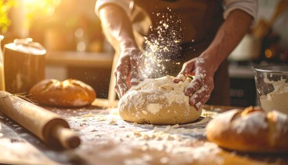 Fototapeta premium Close-up cinematic shot of hands kneading artisan bread dough on rustic wooden table, flour dust in sunlight, rich textures, cozy inviting mood, photorealistic food photography editorial style