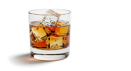 whiskey glass with ice cubes on white background