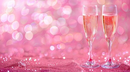 Elegant champagne photo showing two glasses on a pink glitter pastel background with shimmering bokeh and soft glowing light, ideal for holiday, wedding, and romantic celebration use