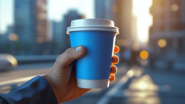 Hand Holding Blue Paper Coffee Cup Outdoors – Modern Lifestyle and Urban Coffee Culture