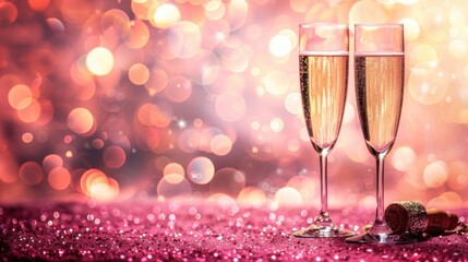 Elegant toast concept with two champagne glasses on sparkling pink glitter pastel background, glowing bokeh effect, soft light tones, and copy space for weddings and special occasions