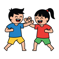 Childhood Solidarity: Two young children, with cheerful smiles and bright outfits, engage in a fist bump, signifying unity, friendship, and shared moments of camaraderie and joy.