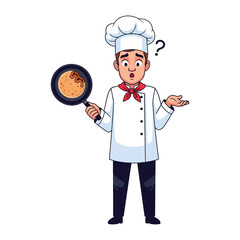 Unsure Chef with Pancake: A cartoon chef, clad in traditional attire, holds a pan with a burnt pancake, displaying a look of confusion.