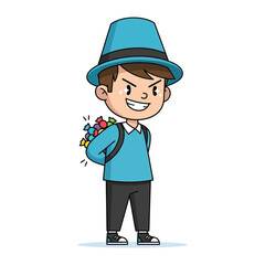 Sneaky Treat: a cheerful yet mischievous kid with a colorful array of treats secretly tucked behind his back, conveying a sense of playful mystery and delight.