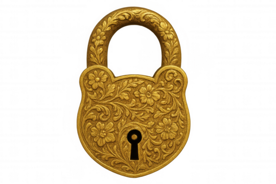 Closed golden padlock with floral decorations isolated on transparent background, ideal for security and protection concepts