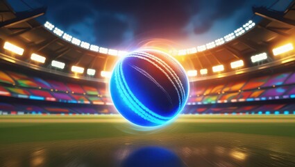 A luminous cricket ball hovers above the pitch in a brightly lit stadium with colorful seats