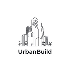Clean line art logo depicting a modern city with trees. Urban Build