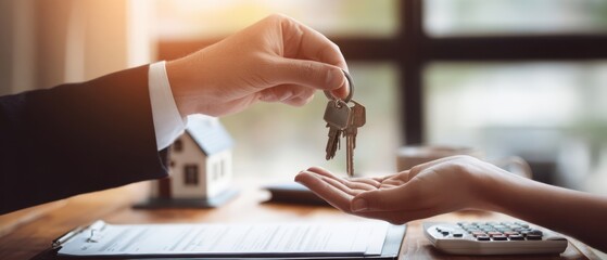The keys being handed over in a successful real estate transaction scene.