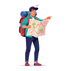 Lost Traveler with Map in Awe: A young explorer stands, gazing with wonder at a vibrant map in hand, backpack ready for adventure, expressing the thrill of discovery. 