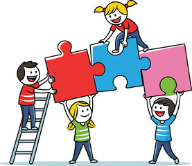Teamwork makes the dream work with diverse kids solving a puzzle and climbing to success together