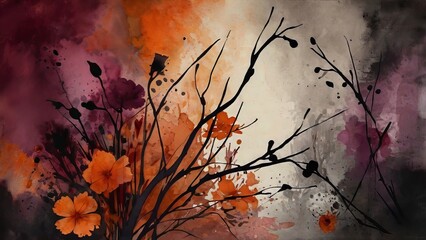 Watercolor grunge floral pattern with orange-red flowers on dark textured background, dramatic decorative seamless design.