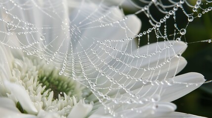 Delicate spiderweb covered in glistening dewdrops rests gently on a white flower, showcasing dew on the flower&rsquo;s petals and the spider&rsquo;s web, highlighting nature&rsquo;s fragile beauty in morning light 