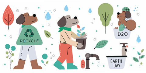 Cartoon dogs promoting environmental awareness and recycling