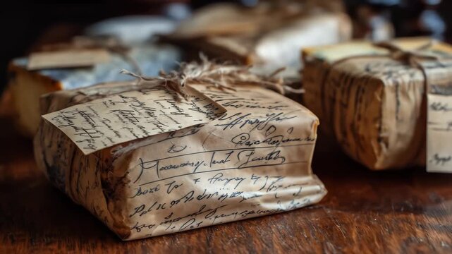 Multiple packages of cheese are wrapped in parchment with script writing and twine tied, a wooden surface provides a rustic aesthetic